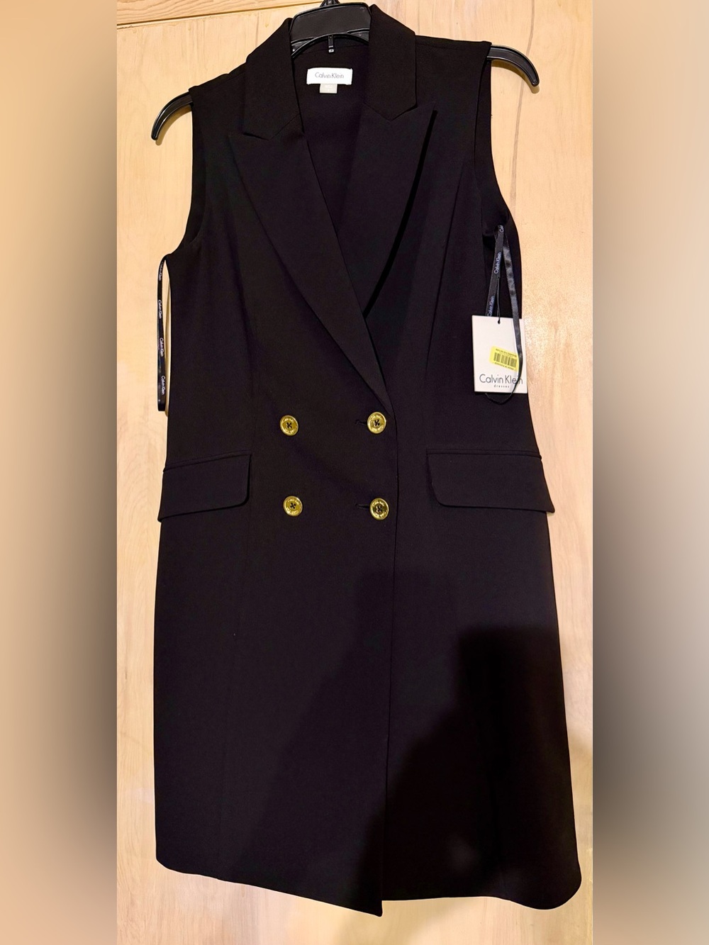 NWT Calvin Klein double breasted black crepe knee length dress Sz S